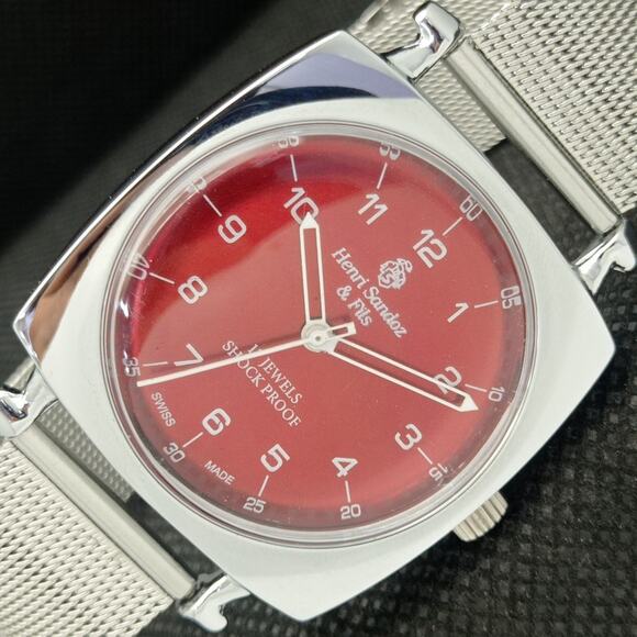 Fortis Other - Vintage 1978 Henri Sandoz Manual Mens Silver Watch W/Metal Strap & Red accents